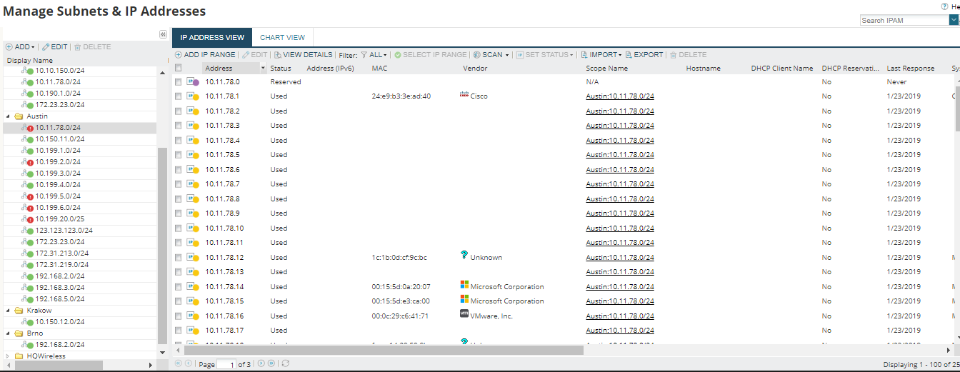 manage subnets and IP Addresses on SolarWinds