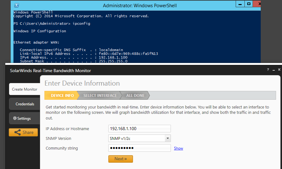 On the device info page enter in the server IP or hostname of the server you want to monitor, then enter the SNMP information that was configured