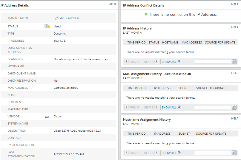 IP Address details and Conflicts are visible in this dashboard