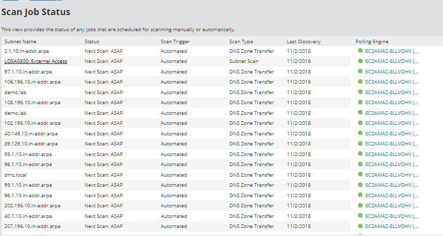 The Scan Job Status view for IP Addresses